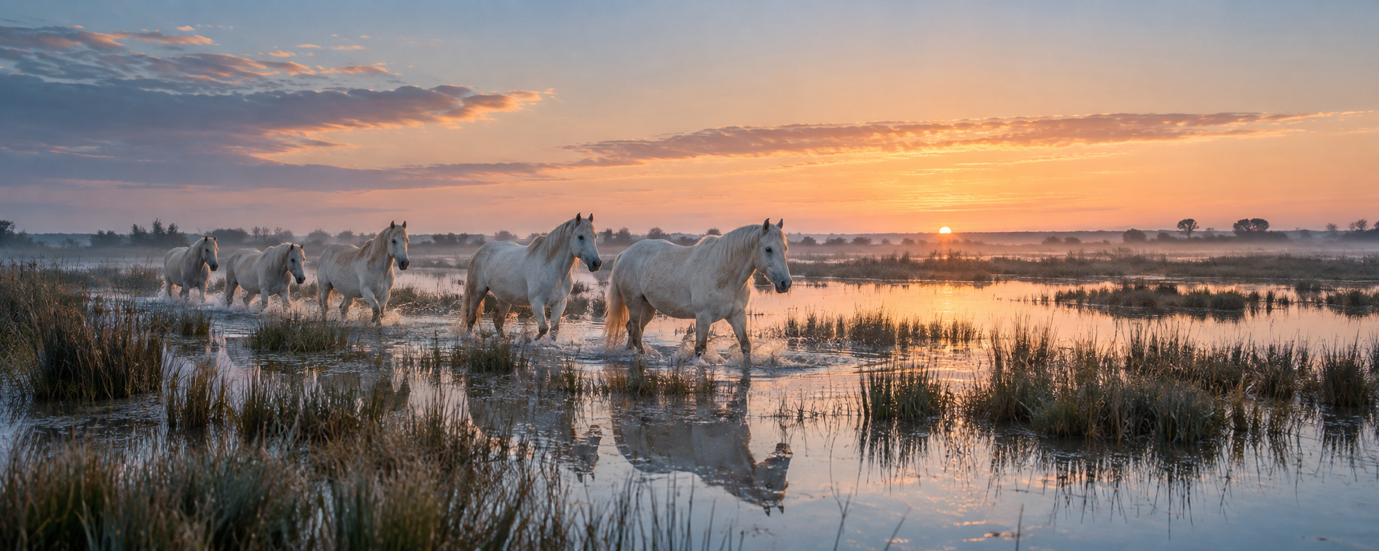 Chevaux de Camargue à l'aube